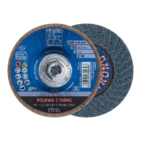 Pferd 5" x 5/8-11 Thd. POLIFAN Flap Disc - Z SGP STRONG STEEL, Zirconia, 50 Grit, Conical 62962